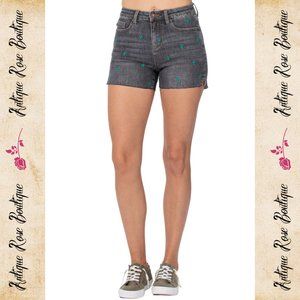 🌹 Judy Blue Cactus Embroidered Grey High Waist Cut Off Shorts